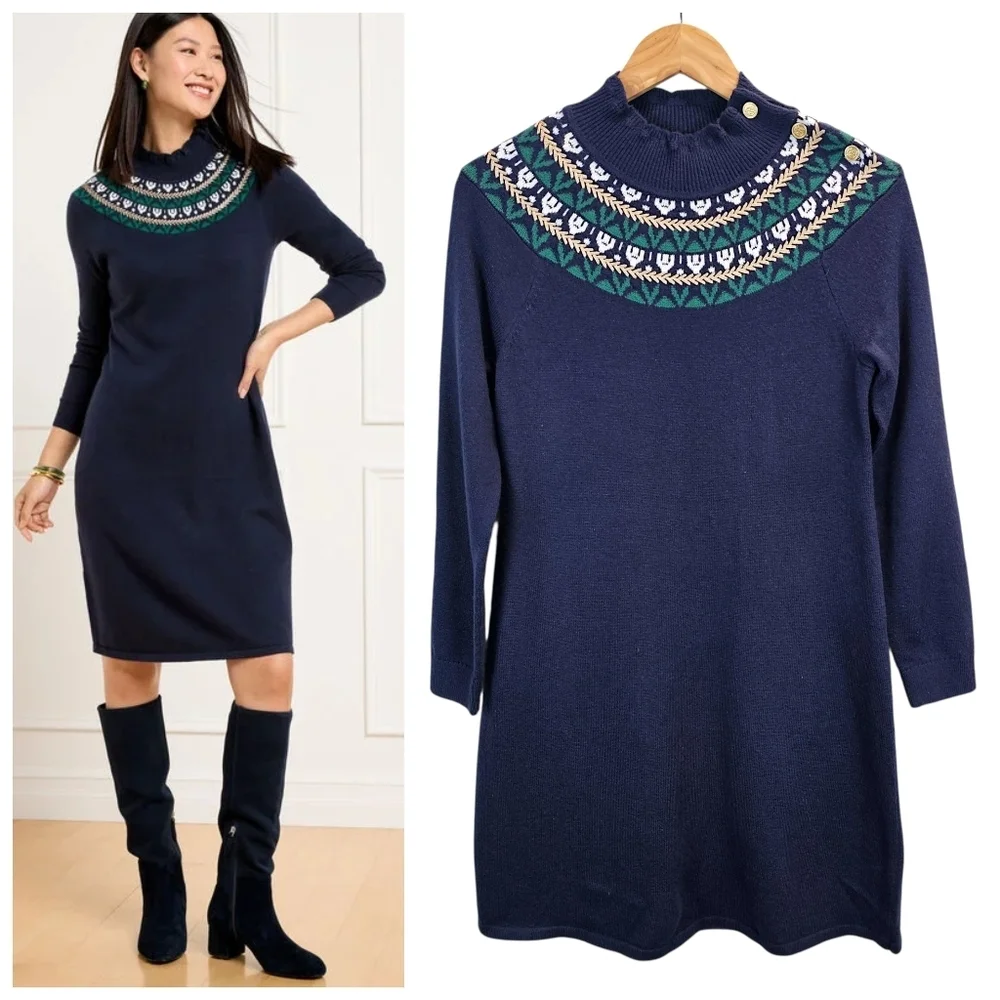 Talbots Petite Fair Isle Sweater Dress Navy Mock Neck Button Detail SP Holiday